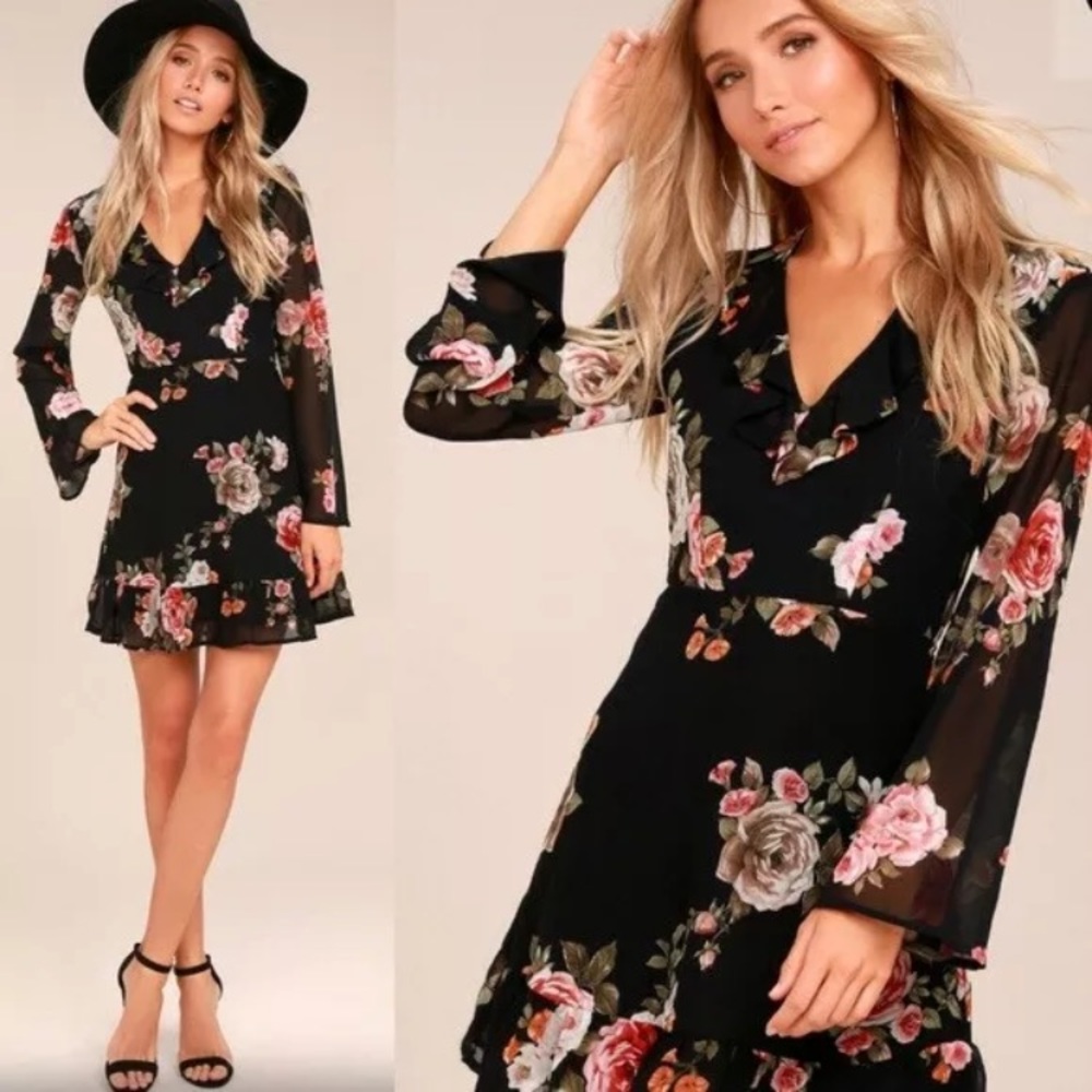 LULUS Alive With Artistry Rose Floral Black Dress